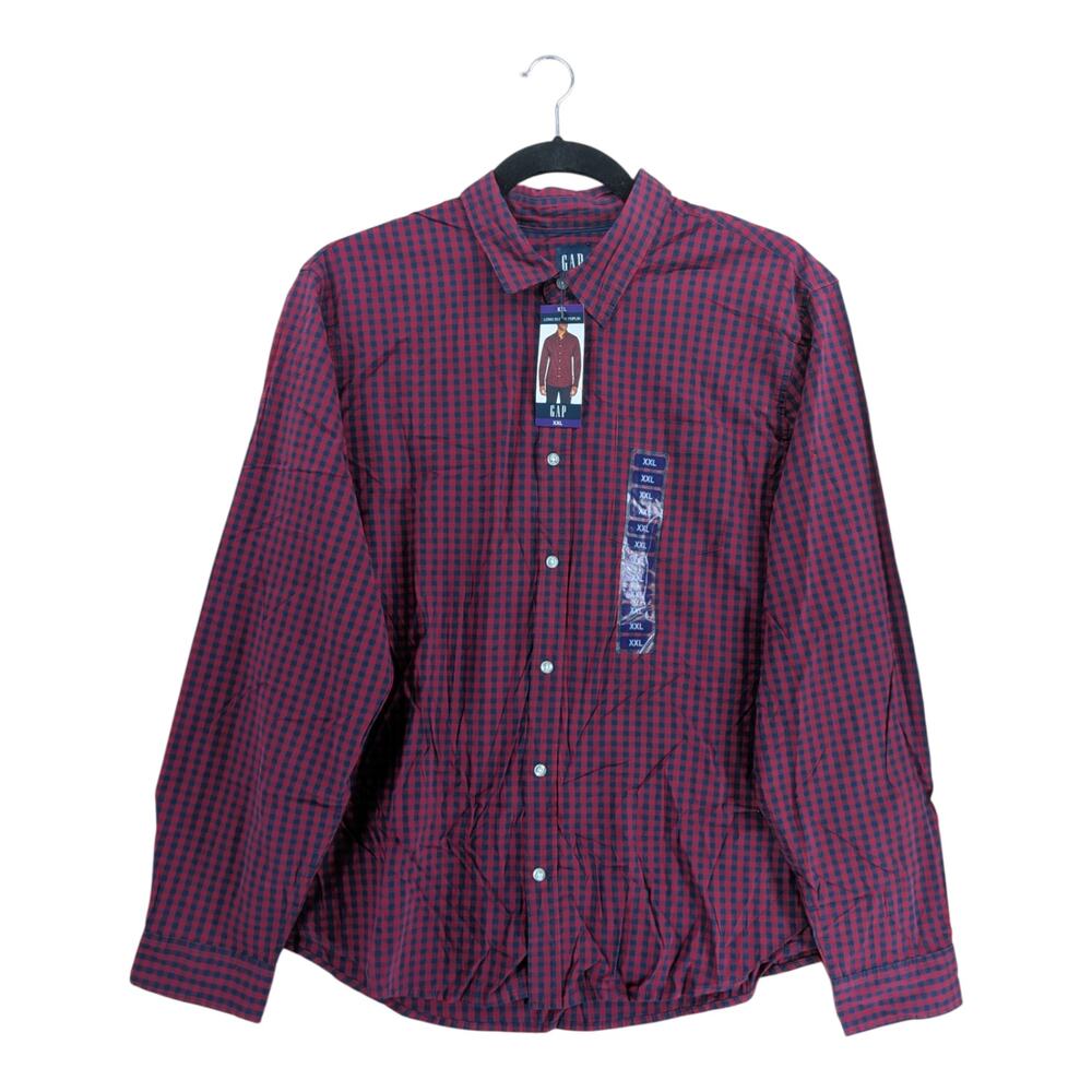 Gap Poplin Shirt Mens XXL Merlot Navy‎ Plaid Long Sleeve Button Down Checkered